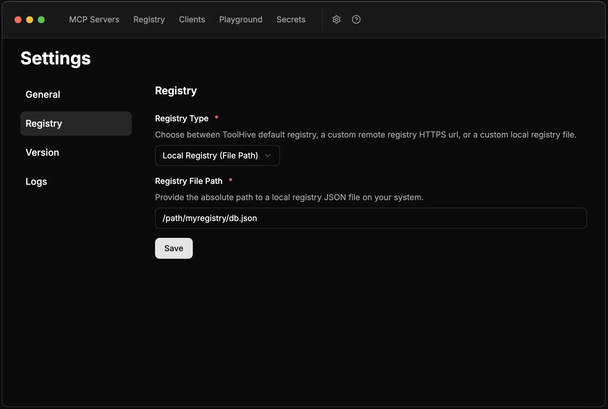 Registry settings showing Local Registry File Path option selected with Registry File Path input field